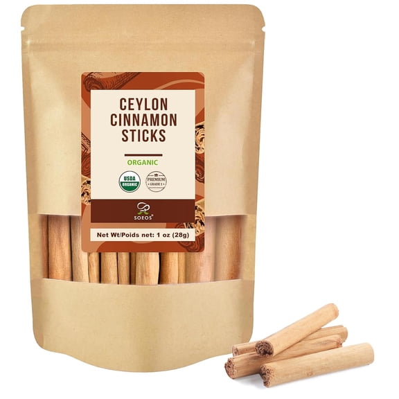 Soeos Organic Ceylon Cinnamon Sticks 1oz, Non-GMO, Kosher, Sweet and Delicate Flavor, Cinnamon Spice for Coffee, Cooking and Baking