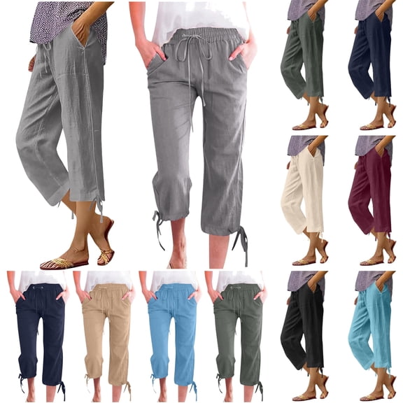 QATAINLAV Linen Capris Pants for Women Summer Casual Loose Drawstring Elastic High Waist Straight Cropped Trousers with Pockets Beach Clothes Wine M
