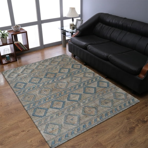 HAND WOVEN FLAT WEAVE KILIM JUTE ECO-FRIENDLY AREA RUGS - 6'x9', Rectangle Shape, Light Brown Light Blue Color, Geometric Pattern, High Pile, Natural Fiber, Handmade Area Rugs for Living Room (J00088)