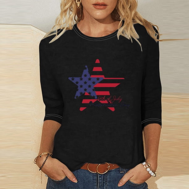 Fiudx Ropa de Mujer Blusa Holgada con Estampado Del Día de La Independencia, Manga Tres Cuartos, Cuello Redondo, Informal, para Mujer