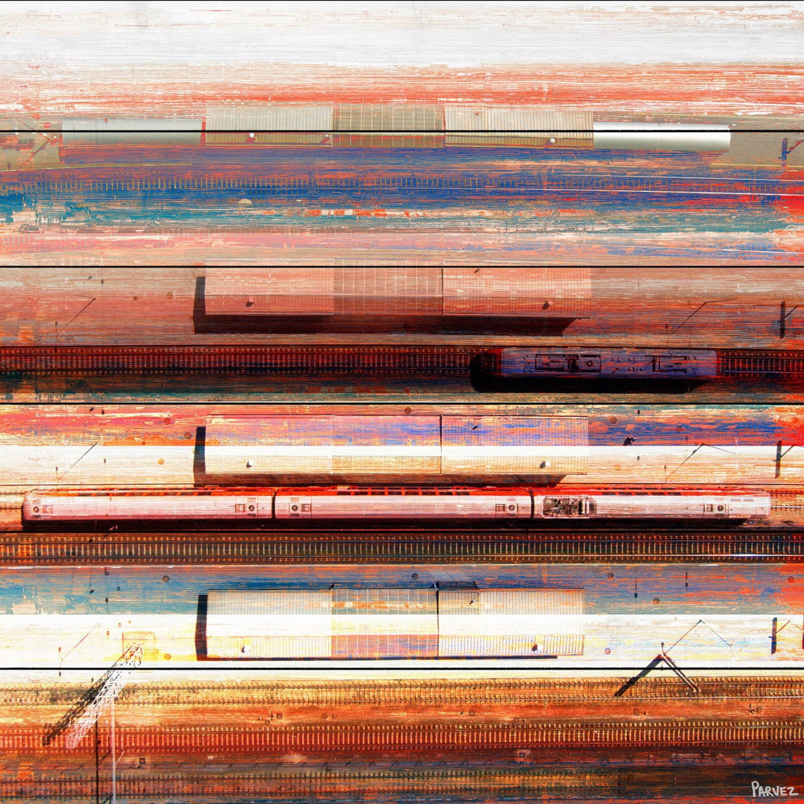 "Trains on Tracks" Painting Print on White Wood