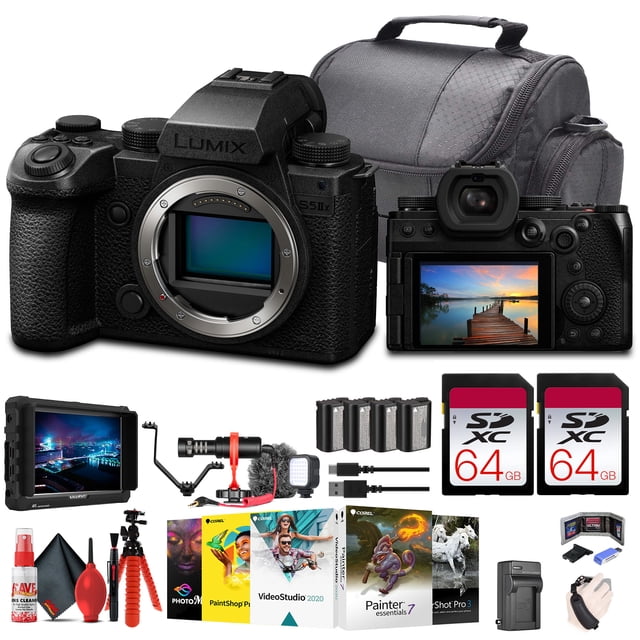 Panasonic Lumix S5 IIX Mirrorless Camera (DC-S5M2XBODY) + 4K Monitor + 2 x 64GB Memory Card + Corel Photo Software + 3 x DMW-BLK22 Battery + Triple Shoe Bracket + Charger + LED Light + More
