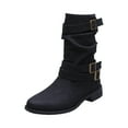 thumbnail image 2 of Willtoo Women's Leather Slouchy Buckle Mid-Calf Boots Comfort Wide Round Toe Slip On Lug Sole Motorcycle Combat Boots Winter Low Heel Knight Boots Wide Calf Knee High Boots Black, 2 of 6