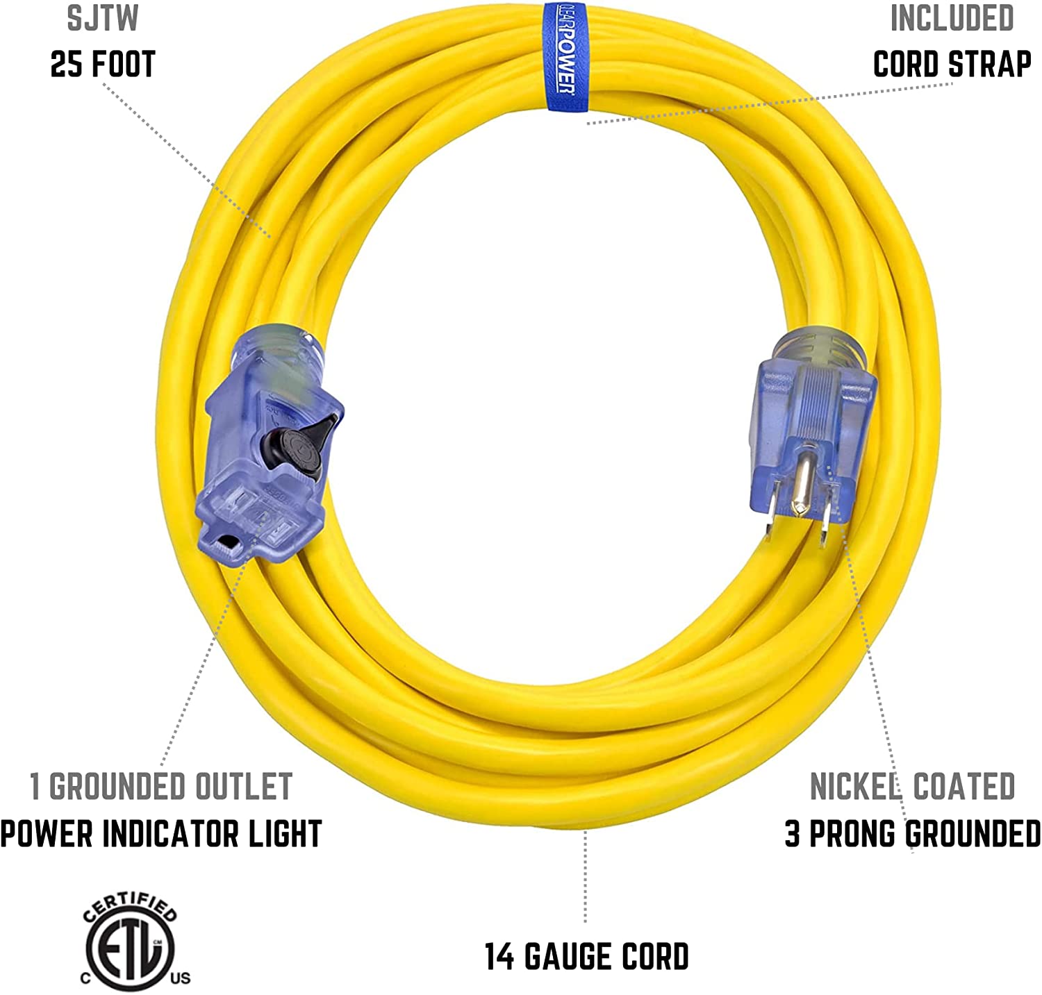 Clear Power 14/3 SJTW 25 ft Heavy Duty Extension Cord with Lighted Locking Connector, Weather Resistant & Flame Retardant, Yellow, CP10129