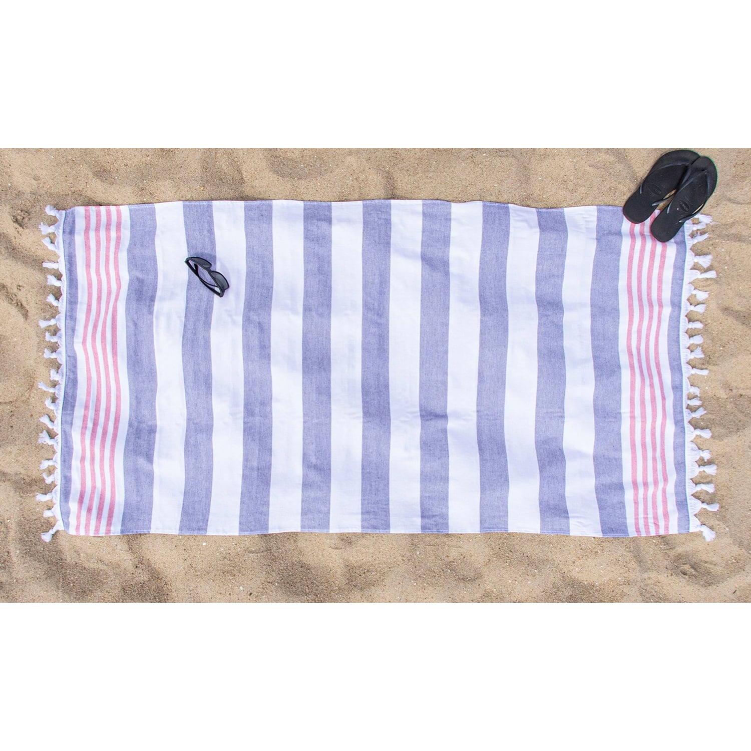 Superior Summery Stripe Fouta Cotton Beach Towel with Fringe, 35" x 68"