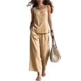 thumbnail image 3 of Linen-Blend Sleeveless Tank Top & Wide Leg Pants Two Piece Set for Women, Square Neck Loose Fit Palazzo Lounge Outfit - Solid Color Summer Casual Co-ord Khaki XXL, 3 of 5