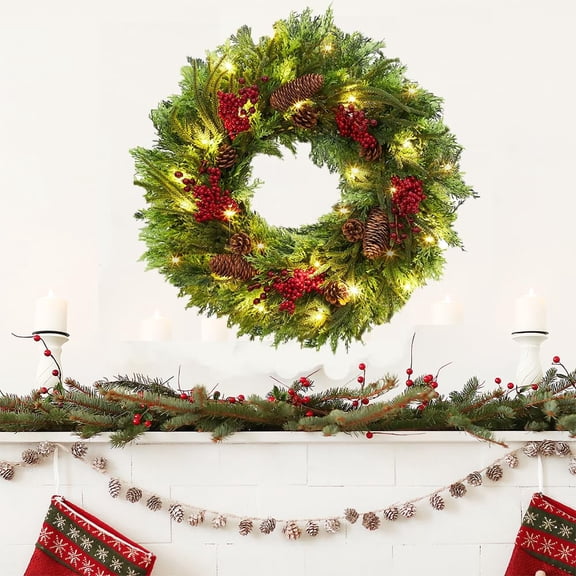 22 inch Pre-Lit Christmas Wreath,Green Grass Red Berry Pinecone Wreath,Christmas Decorations,Winter Wreaths Artificial Green Wreath for Front Door,Windows,Wall,Mantel Decoration