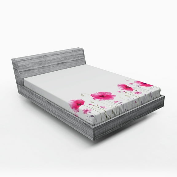 Ambesonne Floral Fitted Sheet, Pink Poppy Flowers Art, Queen Size, Pink