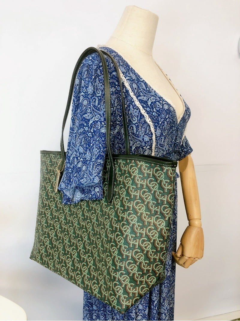 Coach CF342 Leather City Tote Handbag with Monogram Print in Green
