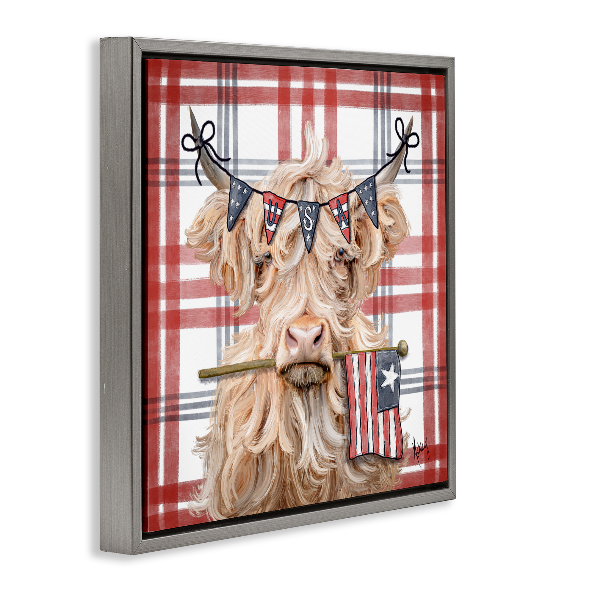 USA Plaid Highland Cattle Gray Framed Floater Canvas Wall Art, design by Ashley Bradley