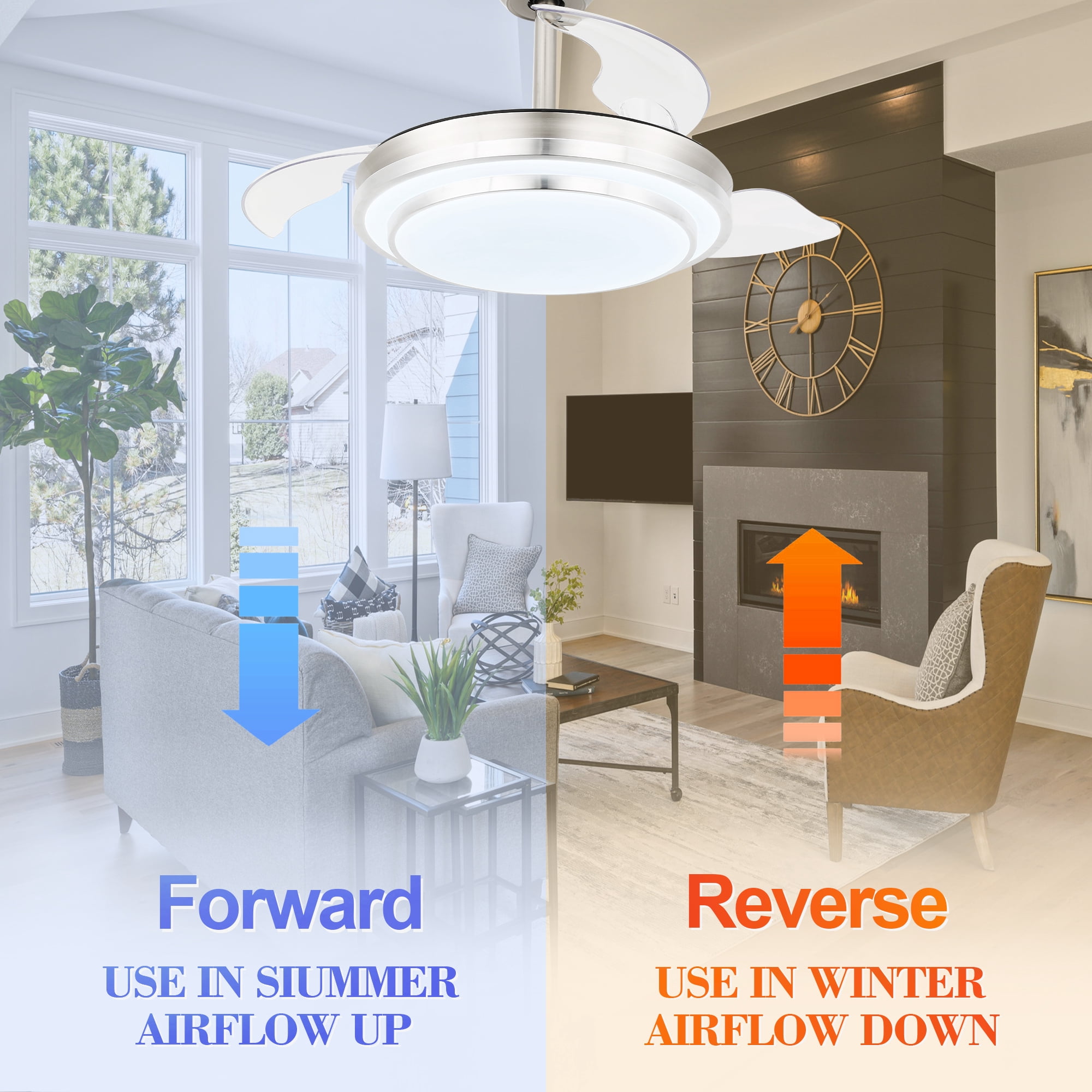 36" Retractable Ceiling Fan With Remote Control and Light Kit, Silver Modern Reversible Ceiling Fan
