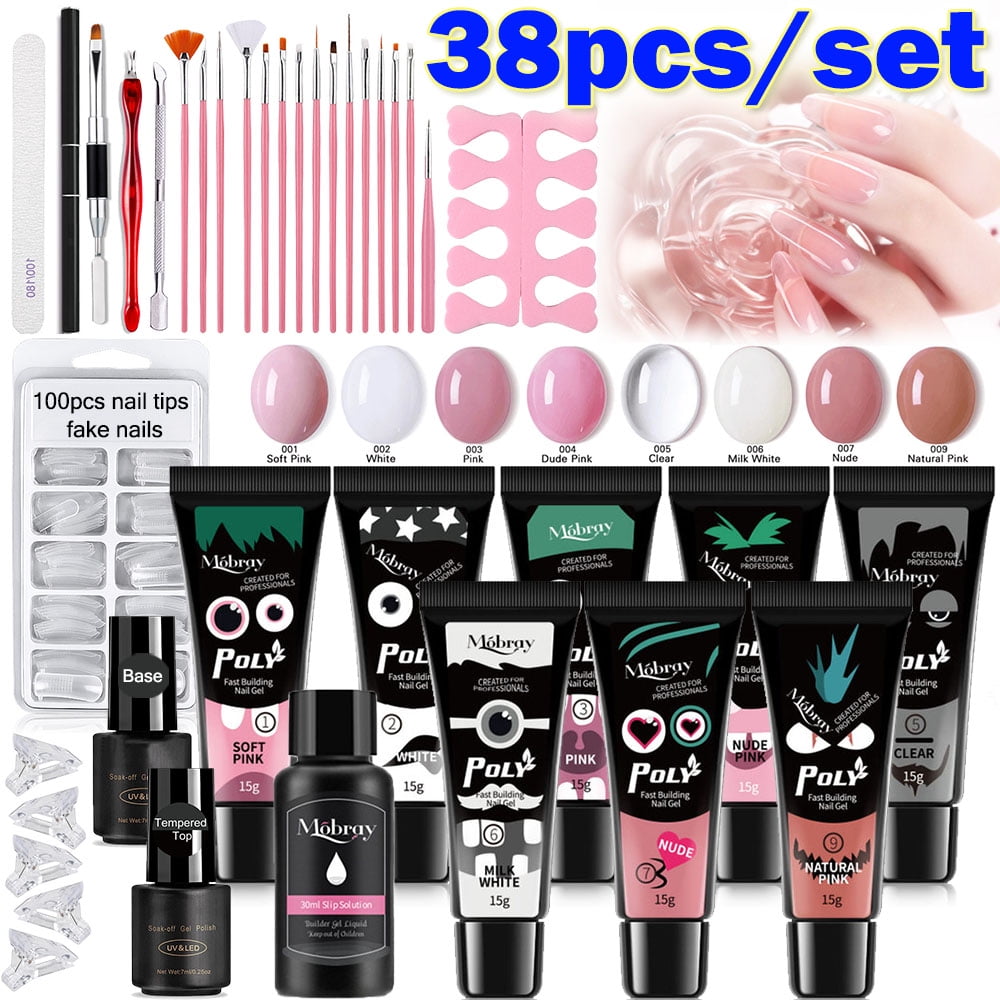 Gel Nail Kit - 8 Colors Nail Extension Gel Kit with Base & Top Coat - Clear Pink Builder Gel for Nails with Slip Solution Nail Manicure Beginner Starter Kit - Walmart.com