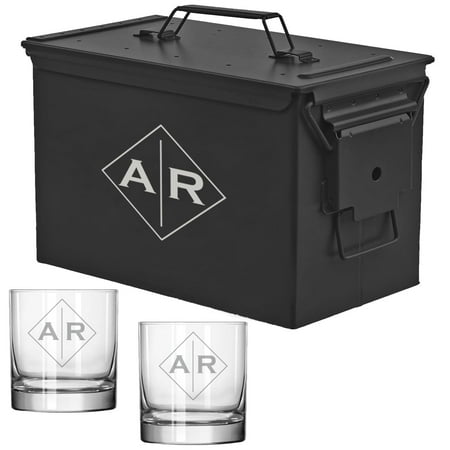 ROLYAD 50 Caliber Ammo Box Metal Ammunition Case Steel Storage Can with 11oz Rocks Whiskey Glasses (Diamond Monogram) Black