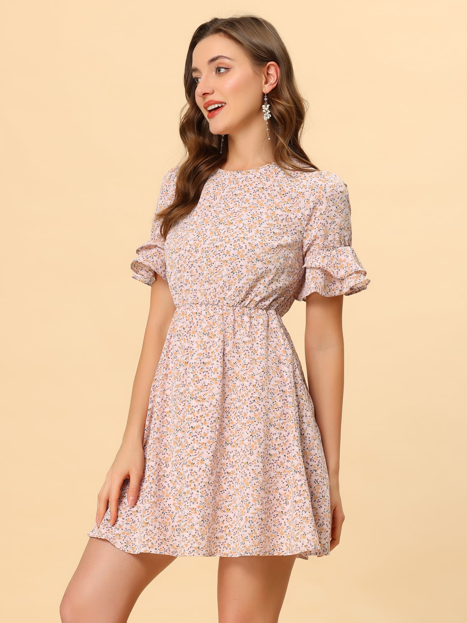 DARING DIVA Women's Bell Sleeve High Waist A-Line Ditsy Floral Dress M Pink