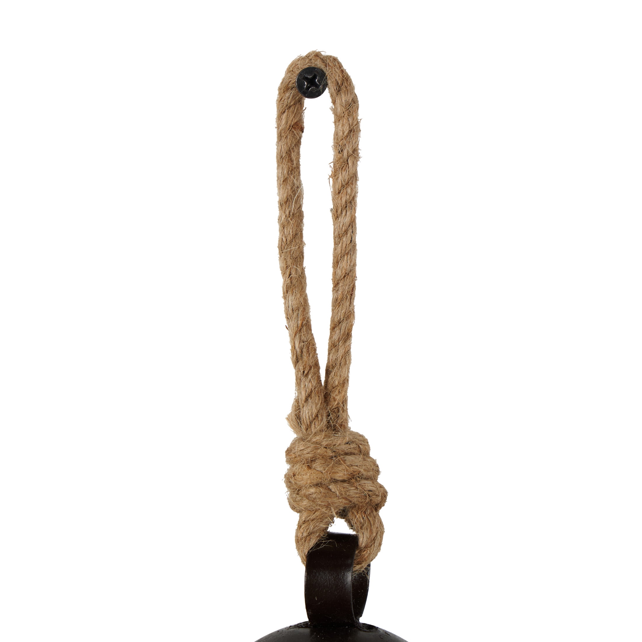 DecMode Tibetan Inspired Dark Brown Metal Cylindrical Decorative Cow Bells with Jute Hanging Rope, 3 Count