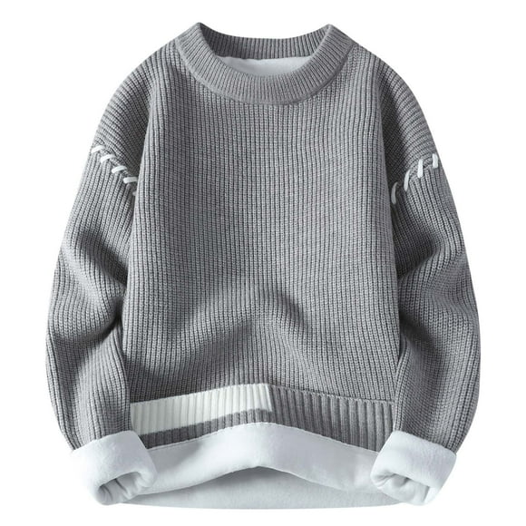 GigrtiJin Fleece Sweater for Men Solid Color Round Neck Long Sleeve Ribbed Knit Sweaters Loose Casual Pullover Sweater