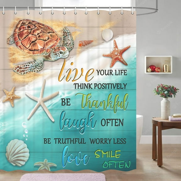 Sea Turtle Shower Curtain, Sea Turtle Shower Curtain Rustic Teal Wooden Ocean Underwater Seashell Tropical Marine Animal Nautical Beach Shower Curtain Bathtub with 12 Hooks Fabric 70X70inch