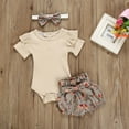 thumbnail image 4 of Povozer Infant Baby Girl Summer Outfit Clothes Newborn Romper Ruffle Letter Short Sleeve T-Shirt Shorts Headband 3Pcs Set Cowgirl Outfit 0 3 6 9 12 18 24 Months for 6-12 Months,Khaki, 4 of 4