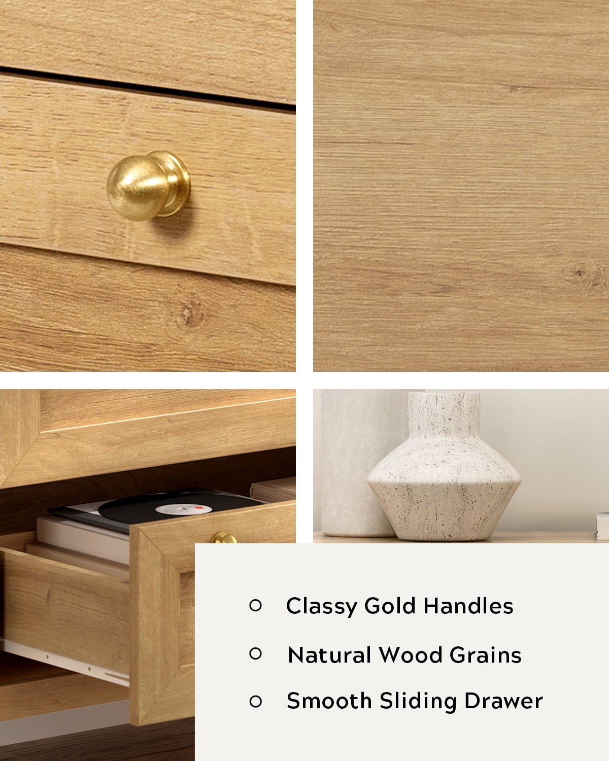Joyyskill 3 Drawer Dresser, Modern Chest of Drawers Storage Cabinet with Golden Handles, Wood Nightstand End Table, Natural Oak