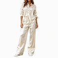 thumbnail image 3 of Xinoom Women's 2 Piece Satin Matching Set, Lapel Button Down Shirt & Drawstring Wide Leg Pants, Elegant Casual Outfit, Gift for Ladies, Dinner Gathering Beige,L, 3 of 8