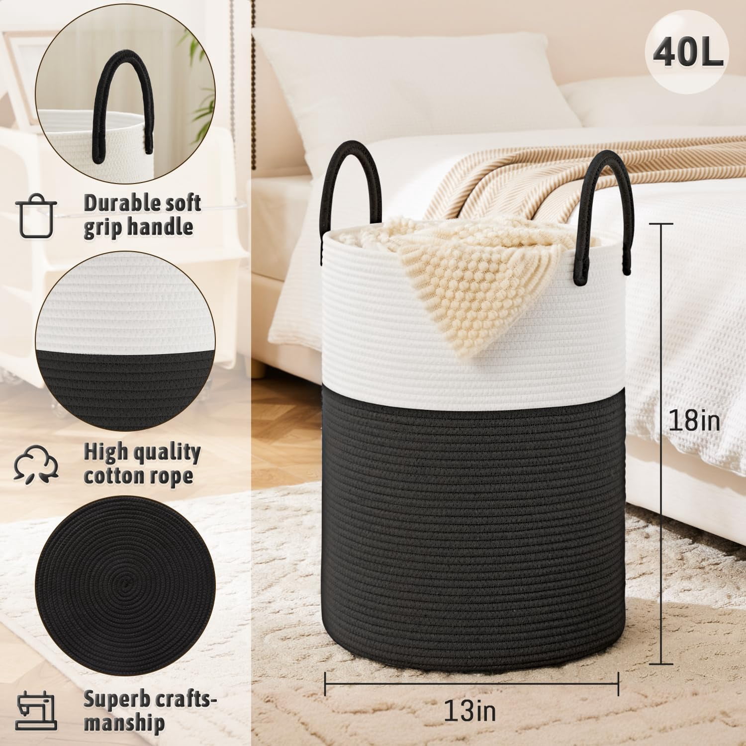 Laundry Basket, Woven Cotton Rope Laundry Hamper for Decor Storage of Dirty ClothesToys and Blankets in Bathroom, Baby Room and Living Room