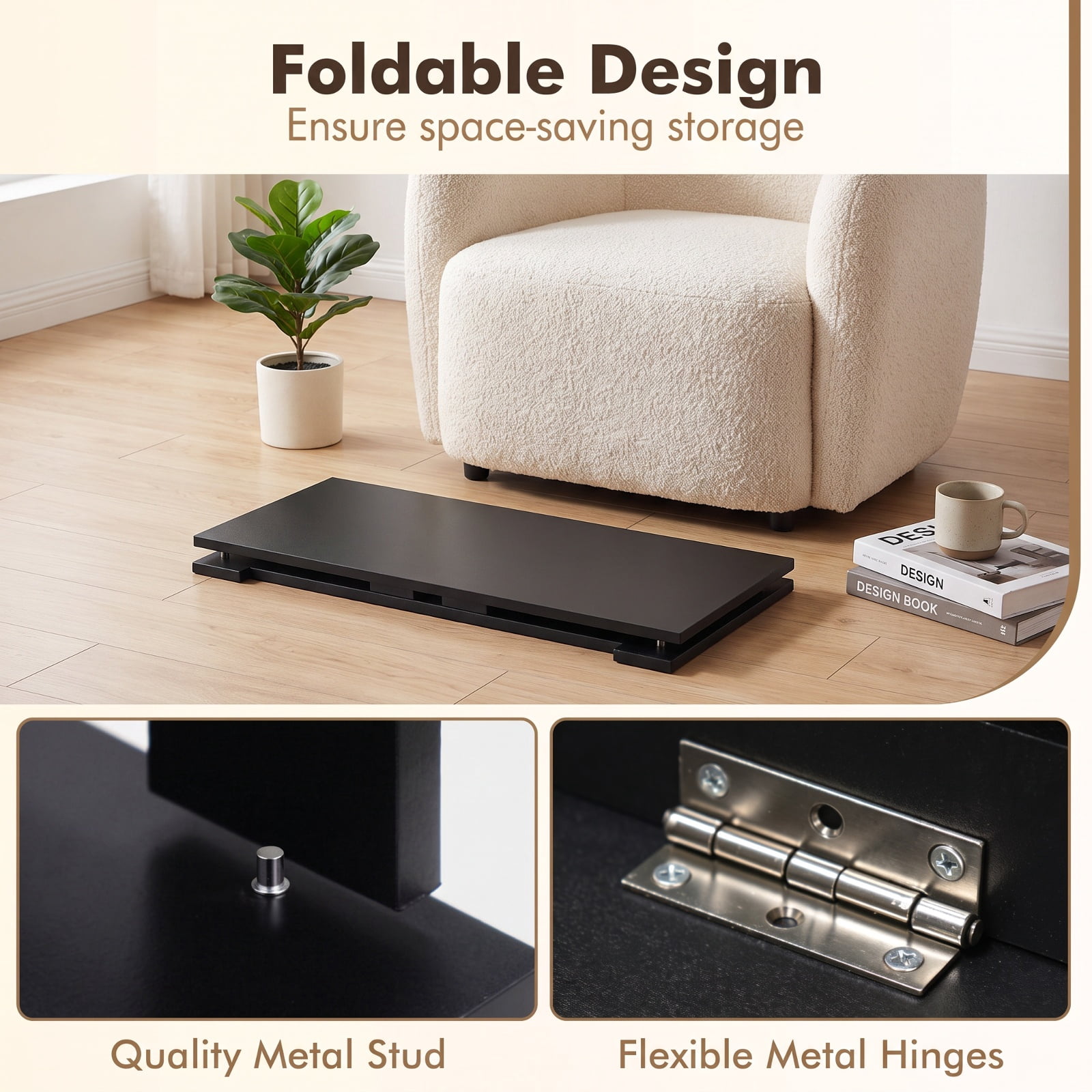 Furnibear Portable Low Floor Table with Foldable Legs Space Saving Folding Coffee Table for Living Room Dining Reading Gaming, Black