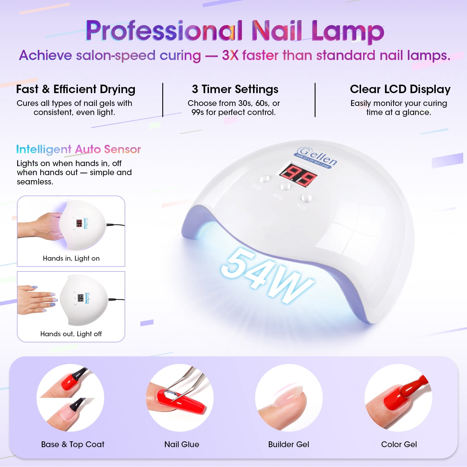 Gellen 71Pcs Gel Nail Polish Kit with 54W UV Light, 32Colors Mist & Sparkle All Seasons Hema-Free Gel Polish Set with 5pcs Functional Gel Top Base Coat, Nail Art Salon Manicure for Women