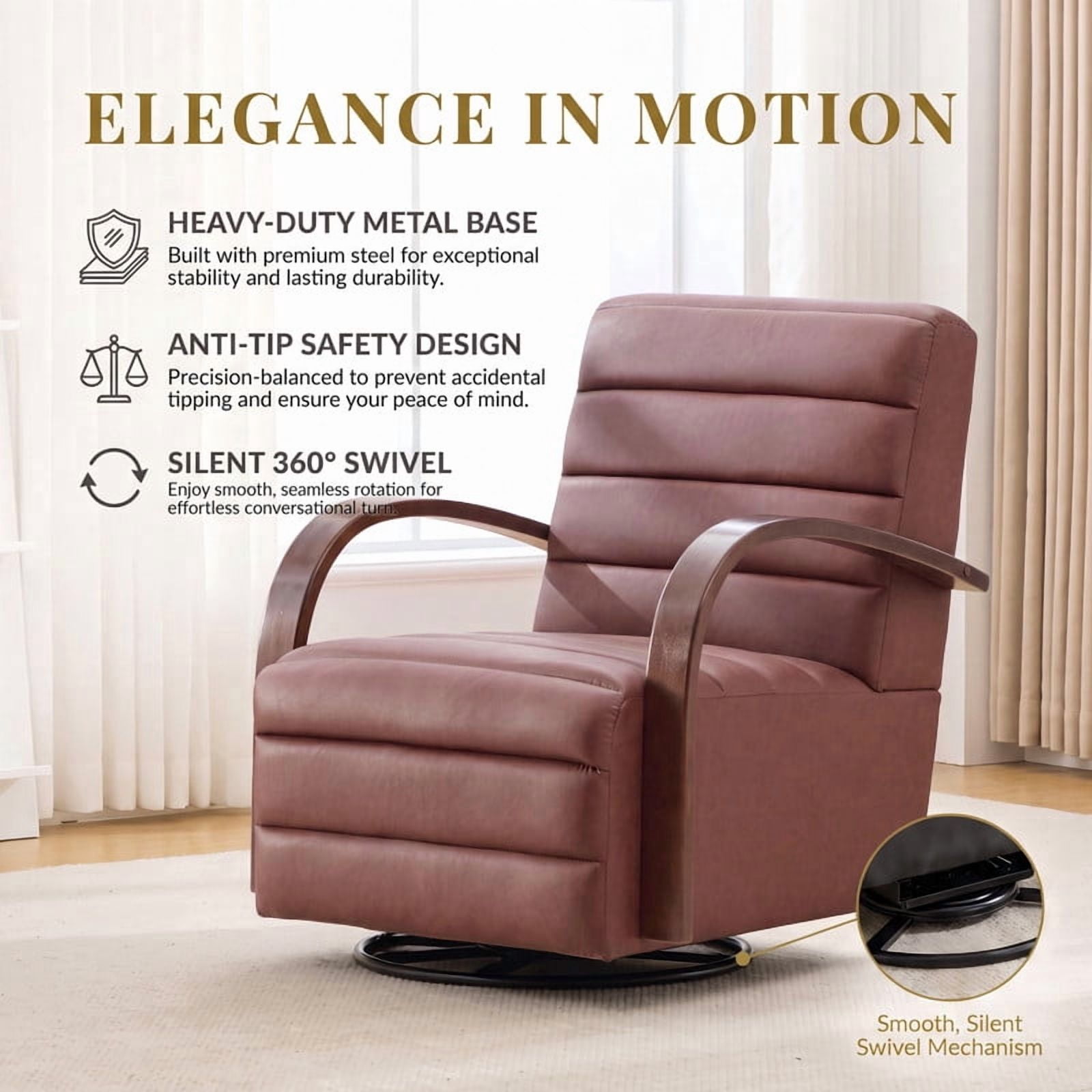 Gewnee Accent Chair, 360°Swivel Upholstered Reading Chair,Modern Armchair for Living Room, Bedroom & Home Office, Brown