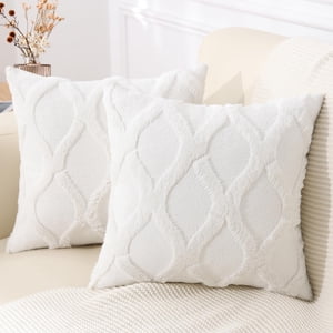 decorUhome 18x18 Faux Fur Throw Pillow Covers, Set of 2, Cream
