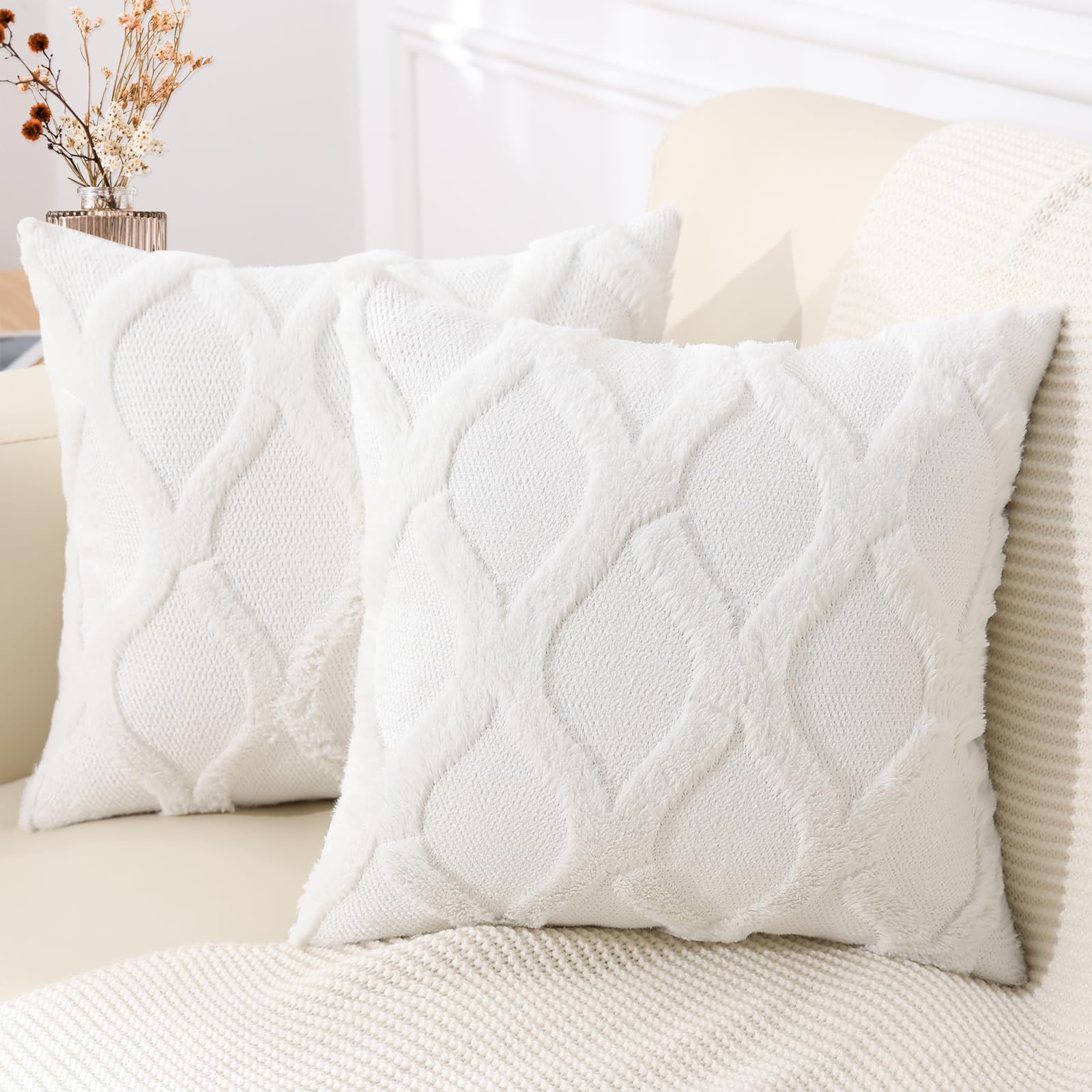 decorUhome 18x18 Faux Fur Throw Pillow Covers, Set of 2, Cream