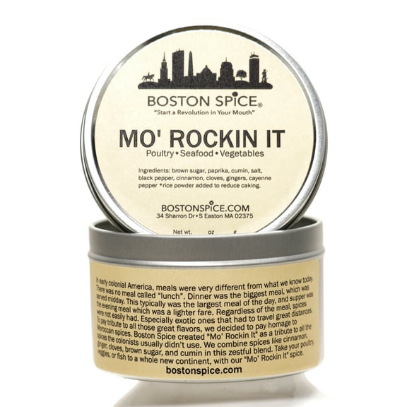 Boston Spice Mo' Rockin It Gourmet Moroccan Seasoning Blend Morocco Seafood Fish Shrimp Poultry Wings Turkey Vegetables Oven Roasted Baked Smoker Dry Rub BBQ Smoked Barbecue 1 Cup Tin Wt. 5.1oz/146g