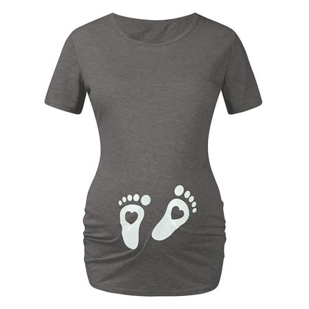 

CHMORA Maternity clothes Women Maternity Short Sleeve Baby Feet Heart Print T-shirt Cartoon Graphic Tops maternity clothes