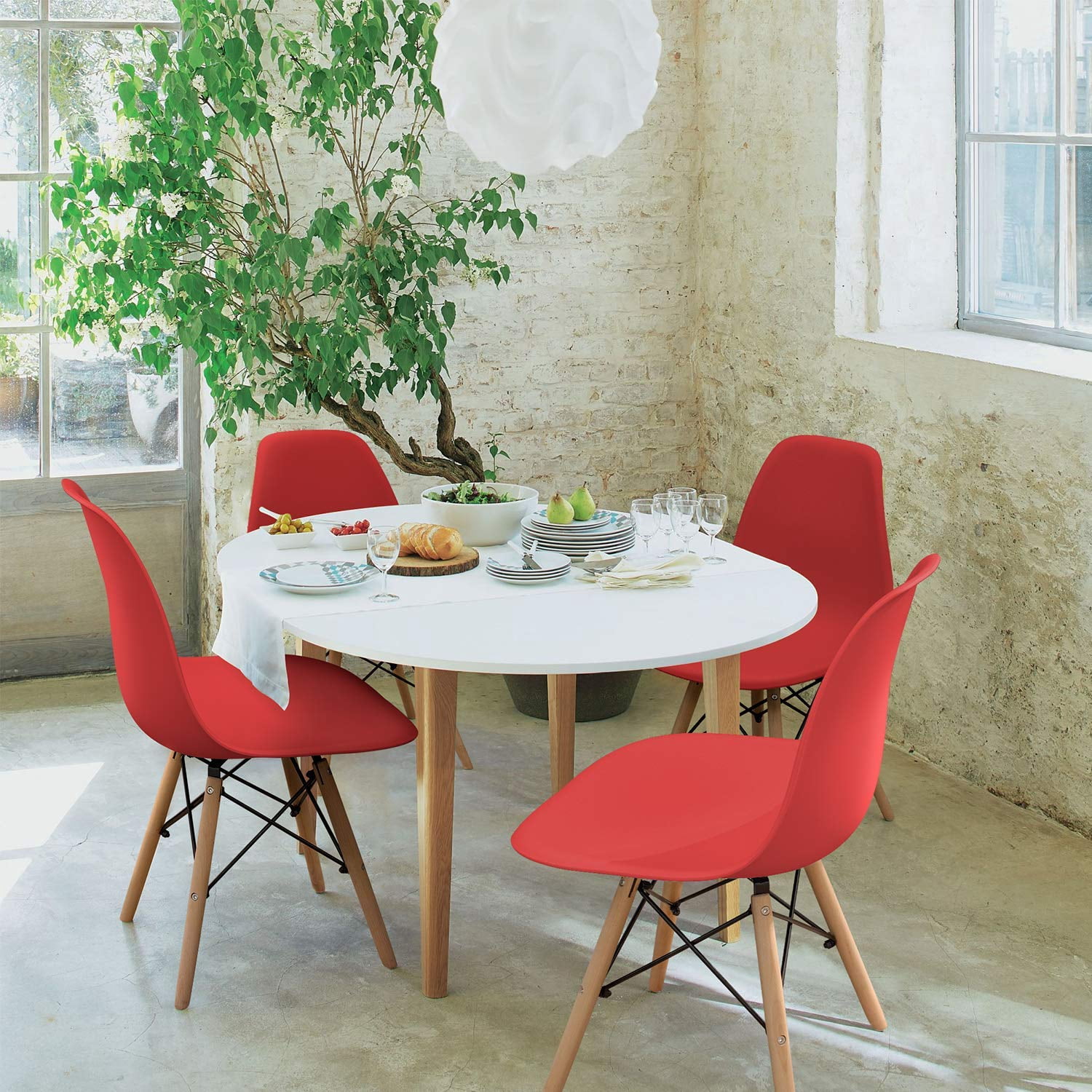 Lacoo Dining Chairs Pre Assembled Modern Style DSW Chair Classic Shell Armless Indoor Kitchen Dining Living Room Side Chairs Set of 4 (Red)