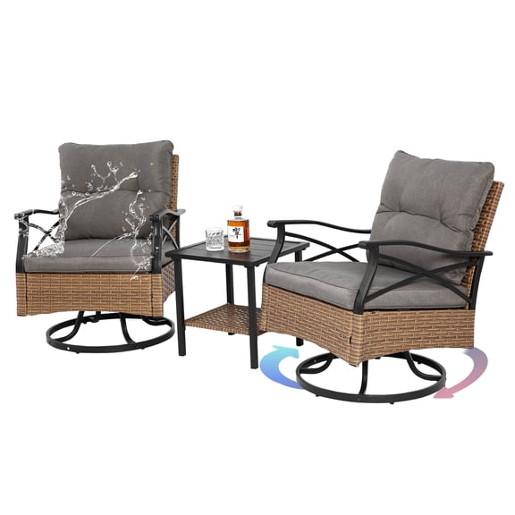 3 Piece Patio Furniture Sets, 360-Degree Rotation Wicker Patio Chairs With Side Table, Outdoor Bistro Set With Thickened Cushions, Outdoor Glider Chair, For Backyard Garden Pool side
