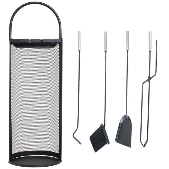Sunnydaze 4pc Fireplace Tool Set with Mesh Shroud Holder - Black