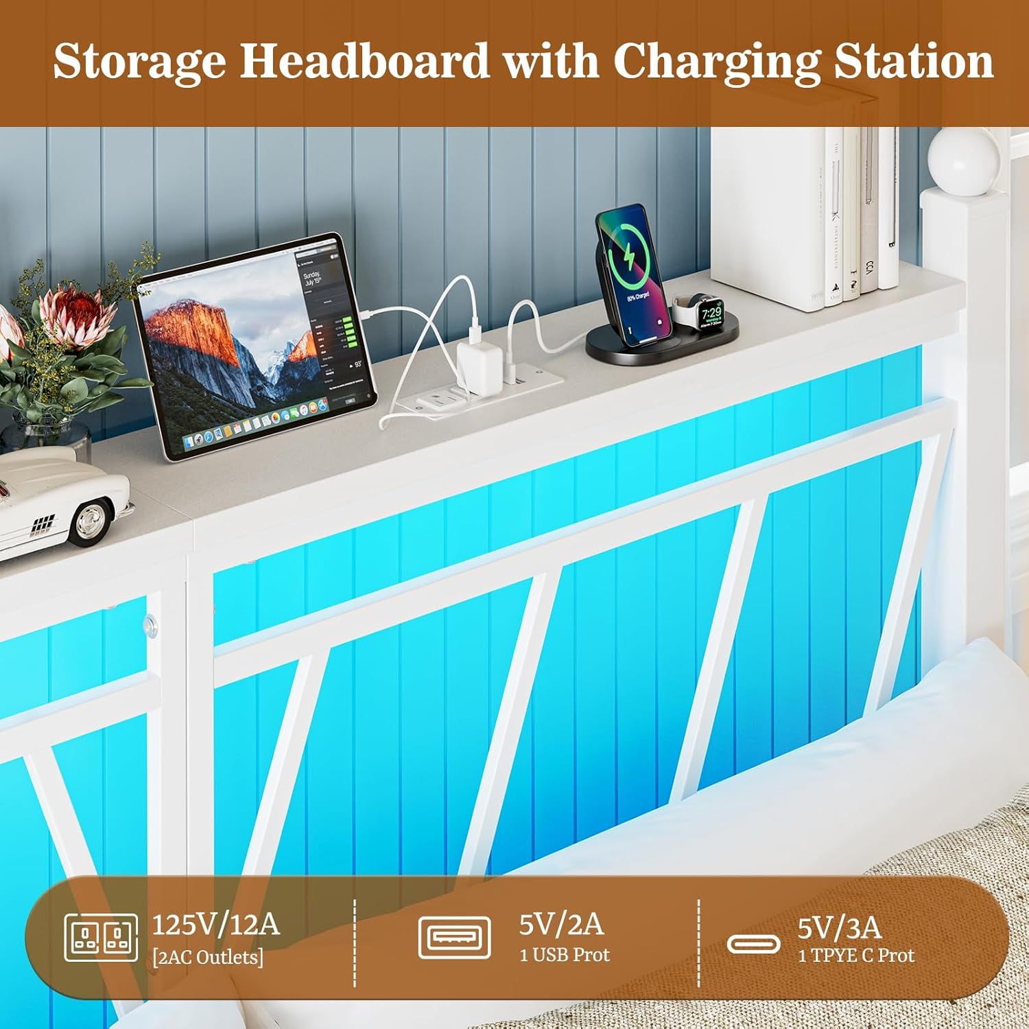 ARICOEASY Metal King Size Storage Headboard with LED Lights, Modern King Head Board with Outlets, USB & Type C Port, Farmhouse Vintage Style, Easy Assembly, White