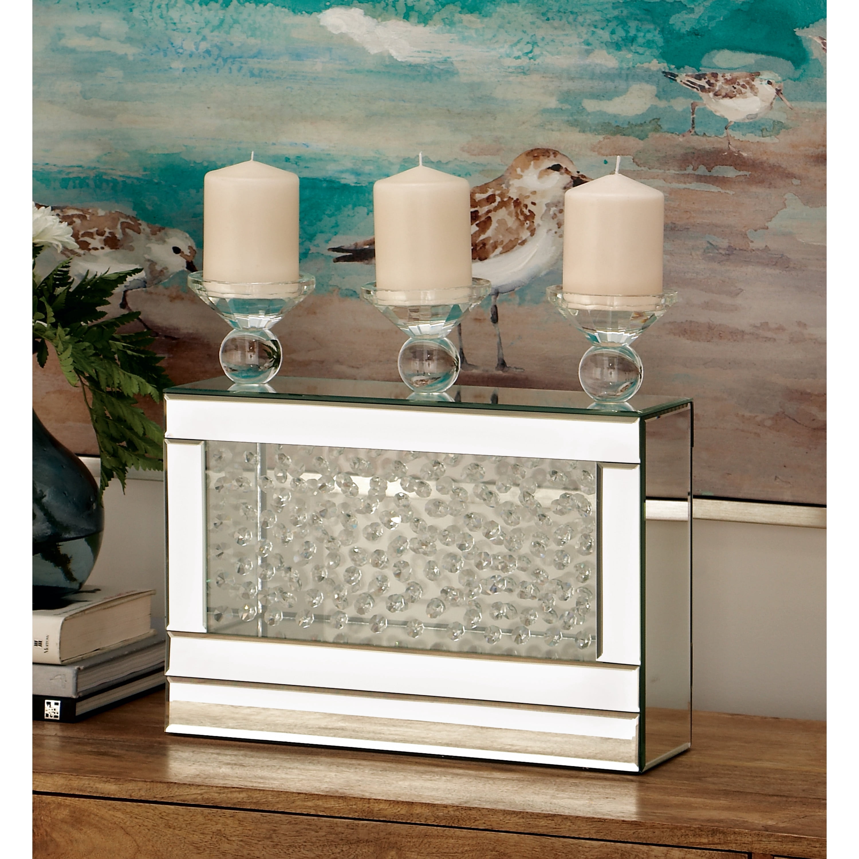 DecMode 3 Holder Silver Wood Pillar Candelabra with Mirrored Accents and Crystals