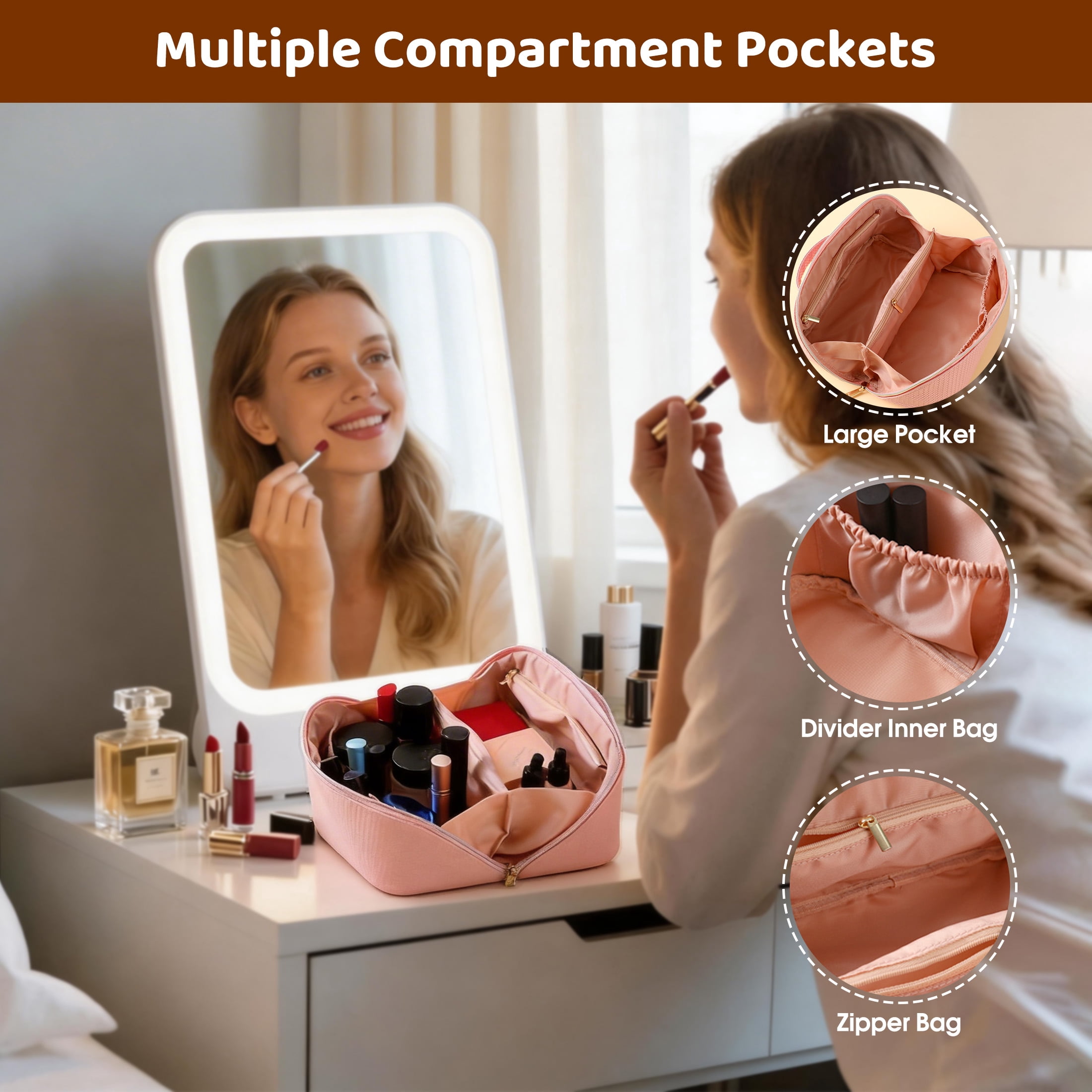 Large Capacity Makeup Bag, Travel Cosmetic Bag, PU Leather Cosmetic Makeup Bag with Handle, 180° Wide Opening Toiletry Bag for Travel, Portable Toiletry Bag for Skincare & Travel Essentials