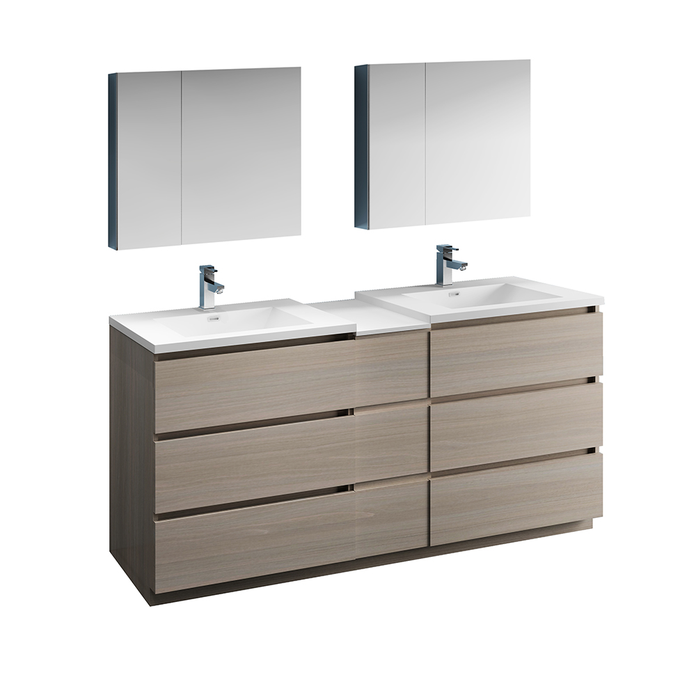 72" Gray Wood Free Standing Double Sink Bathroom Vanity w/ Medicine