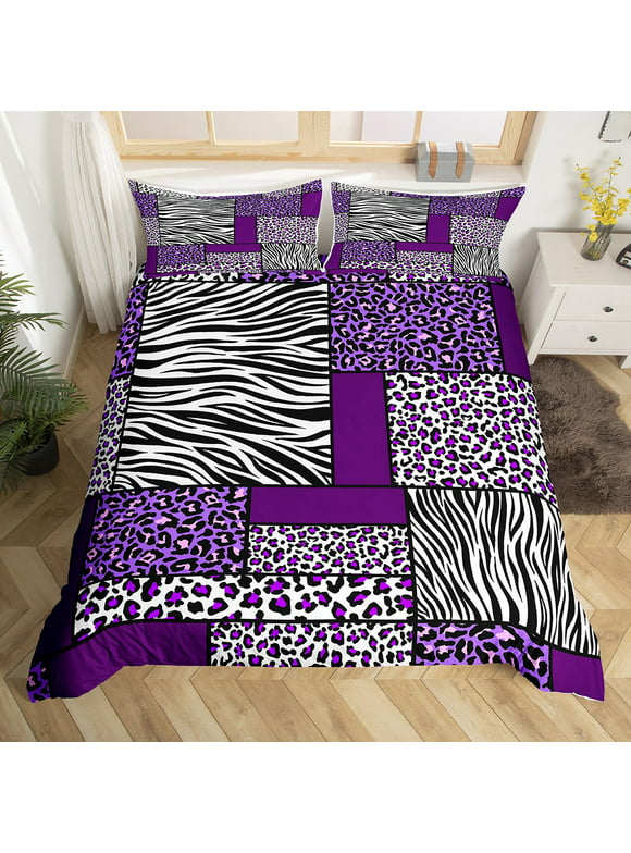 YST Buffalo Plaid Bed Set Wildlife Patchwork Duvet Cover, Zebra Print Bedding Set Queen Animal Print Comforter Cover, Black White Purple Bed Cover Cheetah Leopard Decor 3pcs (Zipper Closure)