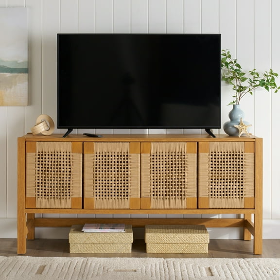 Better Homes & Gardens Vista Woven Coastal TV Stand for TVs up to 65", Light Honey