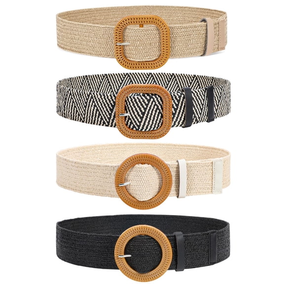 4 Pack Straw Woven Elastic Stretch Waist Belt Fashion Boho Dress Braided Belts for Women