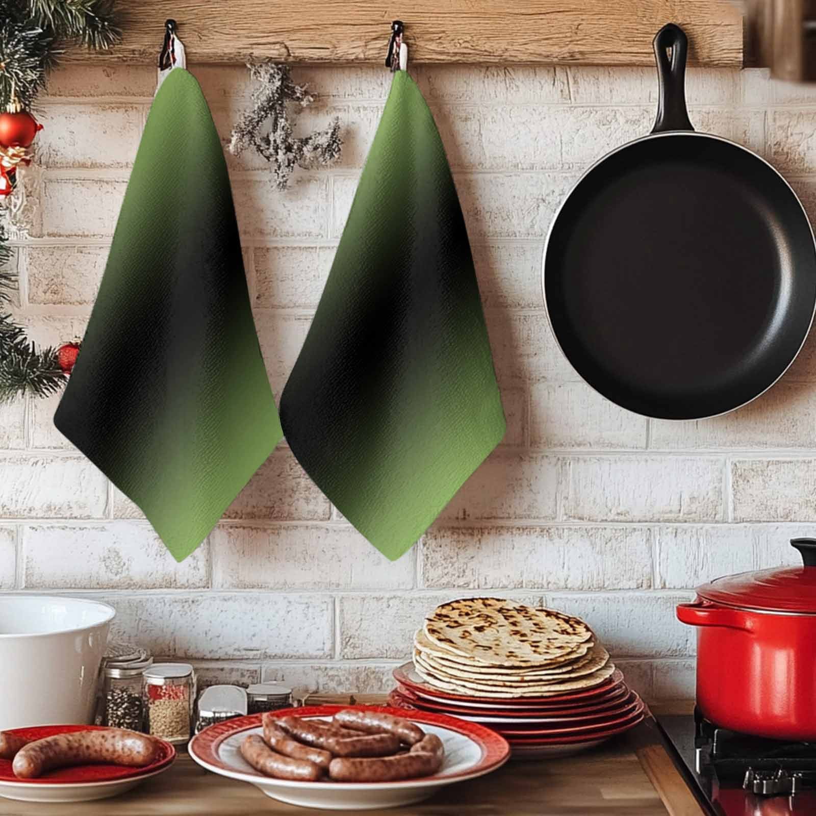 Dark Sea Green Black Ombre Kitchen Towels Set of 2, Modern Gradient Abstract Art Soft Microfiber Dish Towels, Absorbent Quick-Dry Washable Dishcloths for Kitchen Cleaning, Drying Dishes, 18x28 Inches