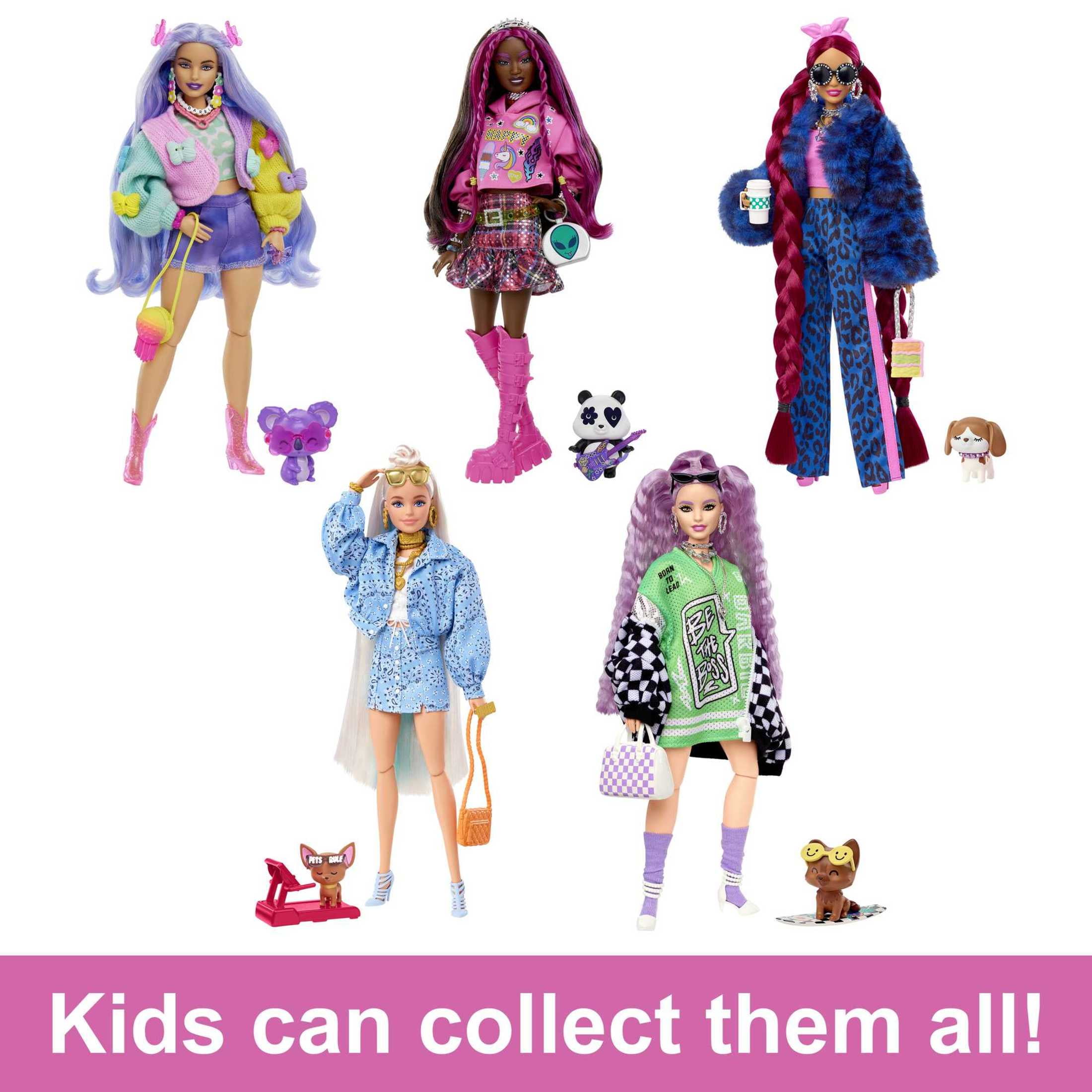 Barbie Extra Fashion Doll with Lavender Hair & Brown Eyes in Checkered Jacket with Accessories & Pet