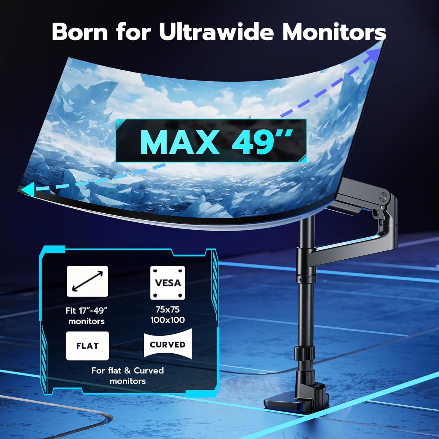 ARES WING Single Monitor Arm Desk Mount for 17–49 Inch Ultrawide Monitors, Heavy Duty Monitor Mount Holds Up to 44 lbs, Full Motion Gas Spring Monitor Stand, VESA 75x75 / 100x100, Black