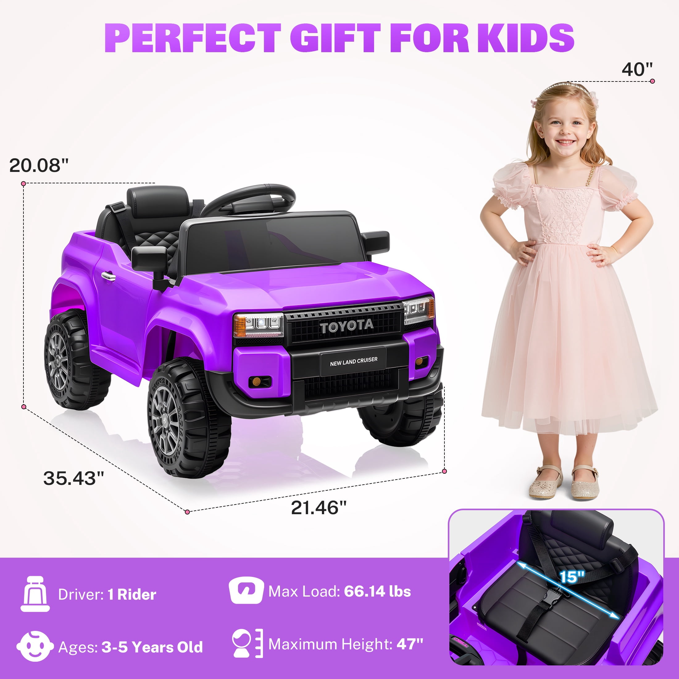 12V Ride on Cars with Remote Control, Licensed Toyota LC250 2024 Ride on Toys Vehicle with Bluetooth, Music, AUX/USB Port, Powered Kids Electric Car for Toddlers Boys Girls Ages 3-5 Gift, Purple