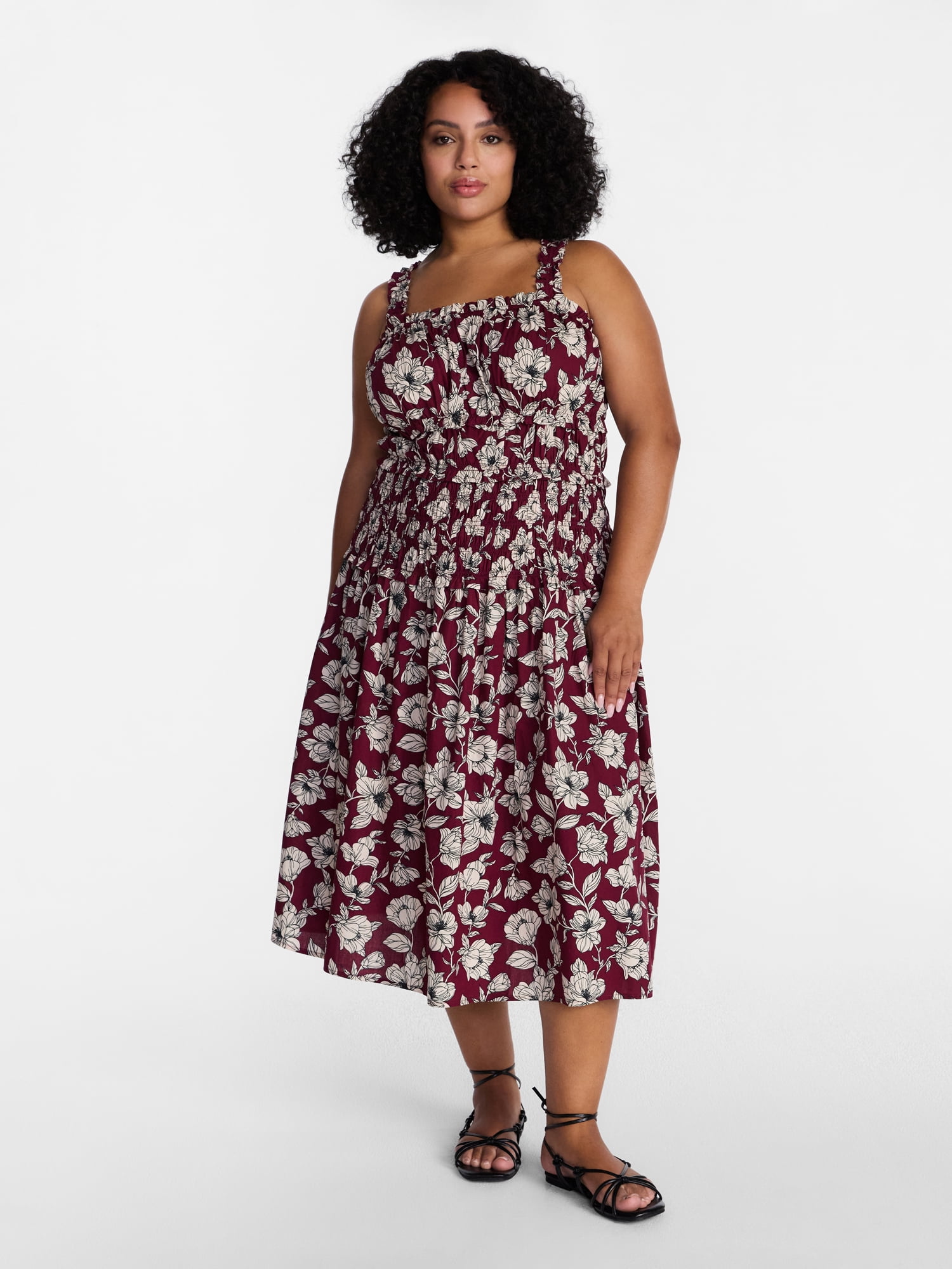 Time and Tru Women's and Women's Plus Sleeveless Smocked Peasant Midi Dress, Sizes XS-4X