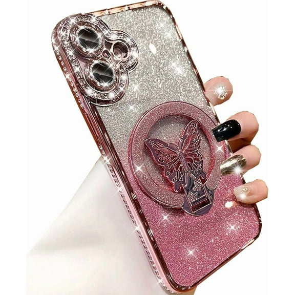 Magnetic Stand Glitter Case for iPhone 16,[Compatible with Magsafe] Cute Bling Sparkly Diamond with Camera Protector Butterfly Kickstand TPU Bumper Women Girls Case for iPhone 16 6.1" (Pink)