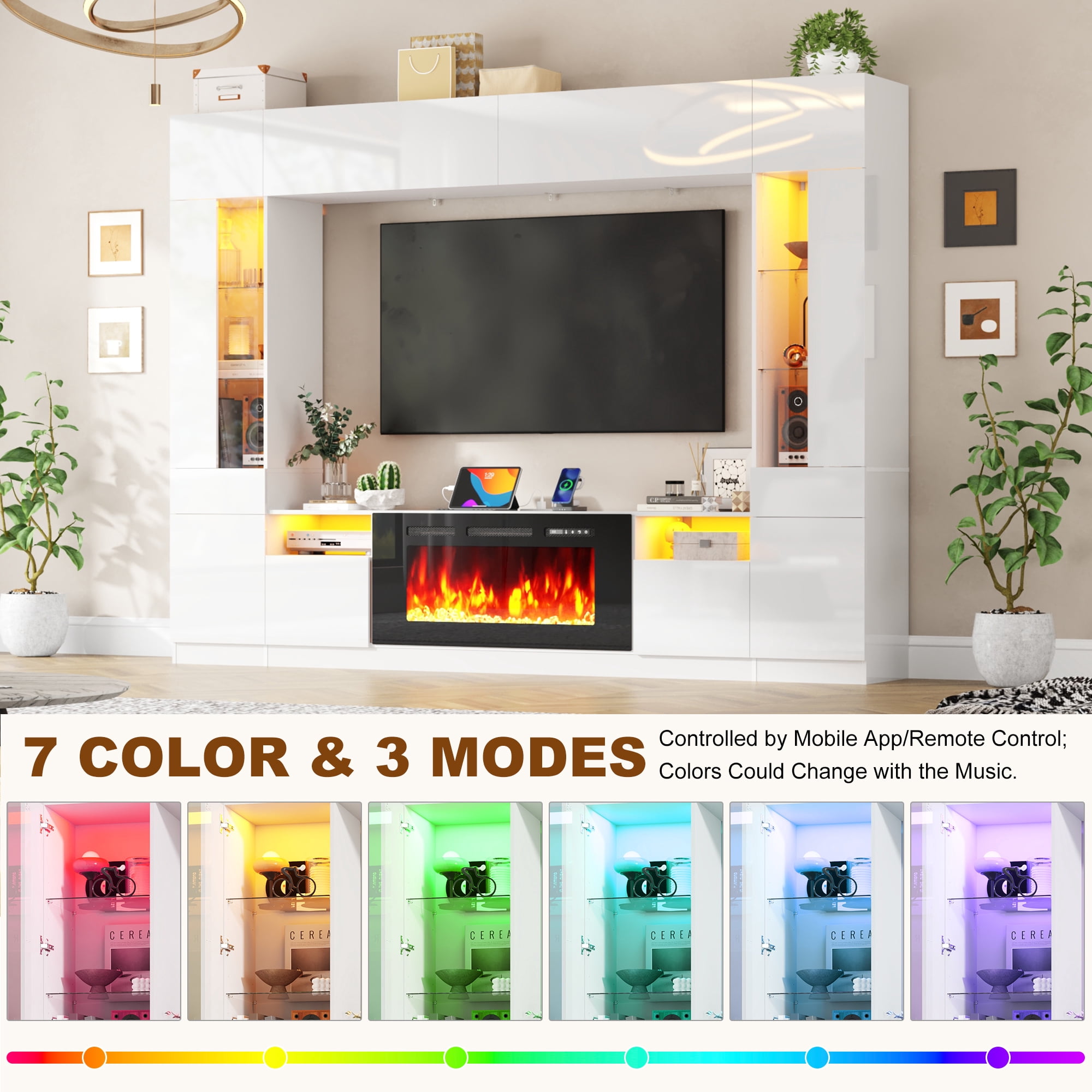 ANPOO 107" Large Wall Unit Entertainment Center with 40" Electric Fireplace, Bookshelves, LED Lights, Modern High Glossy TV Stand Media Console Table with Bridge Cabinet for Living Room & Home Theate