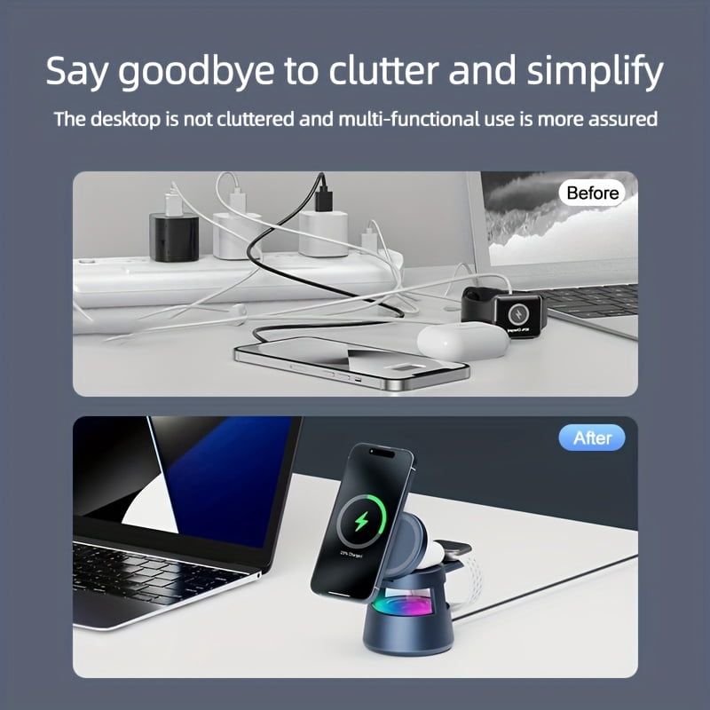 5-in-1 Magnetic Wireless Charger Stand with 15W Fast Charging, LED Night Light & Home Hub - for iPhone 17/16/15/14 Pro Max Mini, Apple Watch 9/8/7/SE/6/5/4/3/2, Airpods 3/2/pro - USB-powered